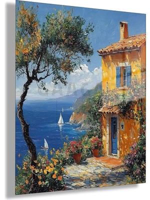 Gaagart Temperli Cam Tablo Sarı Akdeniz Evi ve Zeytin Ağacı Modern Duvar Sanatı