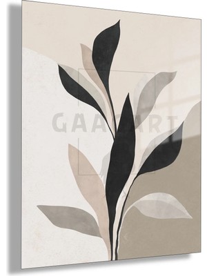 Gaagart Temperli Cam Tablo Siyah Gri Monokrom Yaprak Dalı Minimalist Koridor Dekoru