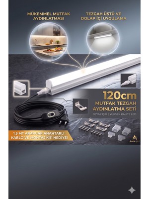 Econa 18W T5 Bant Armatür LED Mutfak Tezgah Altı Aydınlatma Seti ,120CM LED Tak Çalıştır, 1.5 Metre Ara Puarlı Kablolu Fişli, Beyaz