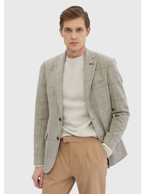 Bej Desenli Regular Fit Yün Karışımlı Ceket