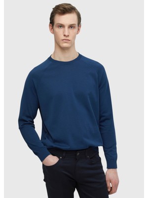 Indigo Bisiklet Yaka Düz Sweatshırt