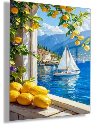 Gaagart Temperli Cam Tablo Limonlar ve Beyaz Yelkenli Manzarası Oturma Odası Dekoru