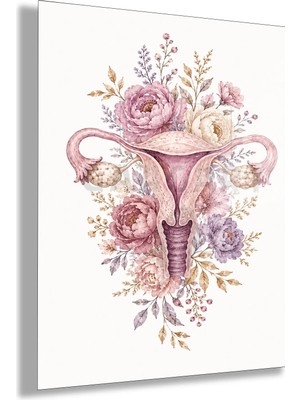 Gaagart Temperli Cam Tablo Lila Çiçekli Anatomik Uterus Hastane Duvar Dekoru
