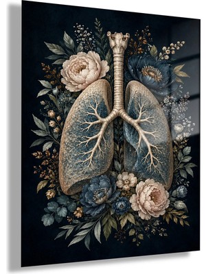 Gaagart Temperli Cam Tablo Lacivert Krem Çiçekli Anatomik Akciğer Doktor Odası Tablosu
