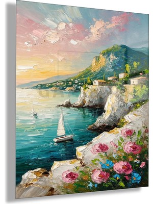 Gaagart Temperli Cam Tablo Pastel Gün Batımı Kıyısı Yelkenli Deniz Manzaralı Duvar Dekoru
