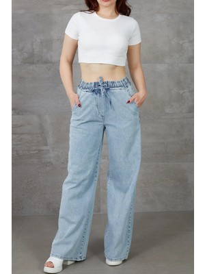 Kadın Beli Lastikli Rahat Kesim Kot Pantolon