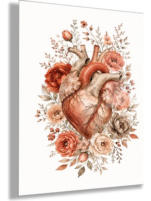 Gaagart Temperli Cam Tablo Turuncu Çiçekli Anatomik Kalp Klinik Dekoratif Tablo