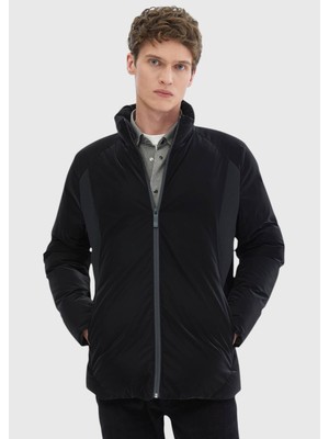 Siyah Regular Fit Dik Yaka Casual Dokuma Mont