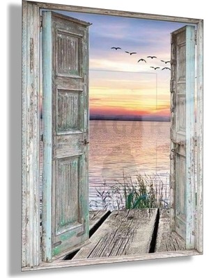 Gaagart Temperli Cam Tablo Açık Kapıdan Gün Batımı Deniz Manzarası Sahil Evi Duvar Dekoru