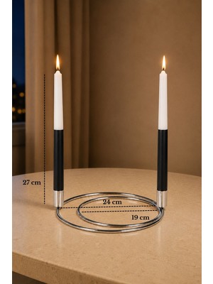 Edora Home Parlak Silver 2'li Dekoratif Metal Halka Şamdan, 2 Adet Siyah-Beyaz Mum Ince Uzun - Dekoratif Mumluk