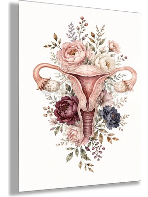 Gaagart Temperli Cam Tablo Pudra Bordo Çiçekli Anatomik Uterus Klinik Duvar Dekoru