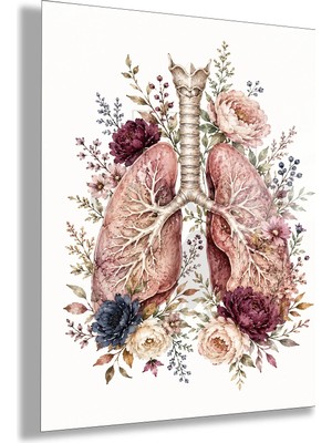 Gaagart Temperli Cam Tablo Pudra Bordo Çiçekli Anatomik Akciğer Muayenehane Dekoru