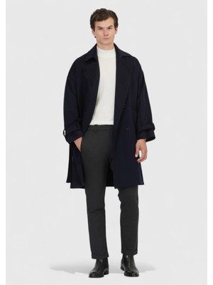 Ramsey Lacivert Oversize Fit Kruvaze Yaka Casual Dokuma Palto