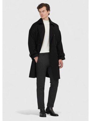 Ramsey Siyah Oversize Fit Kruvaze Yaka Casual Dokuma Palto