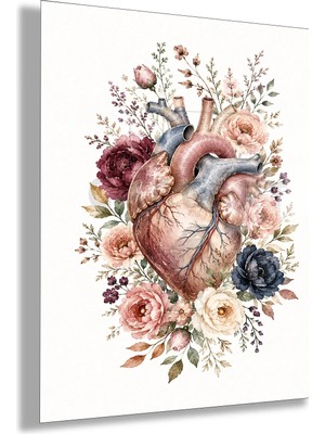 Gaagart Temperli Cam Tablo Pudra Bordo Çiçekli Anatomik Kalp Klinik Dekoratif Tablo