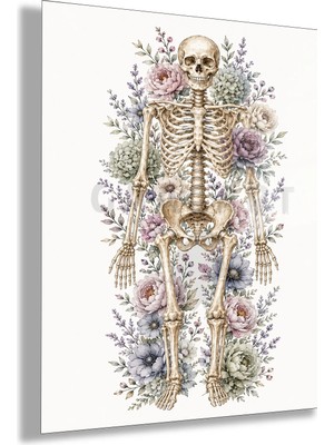 Gaagart Temperli Cam Tablo Lila Çiçekli Anatomik Insan Iskeleti Doktor Odası Tablosu
