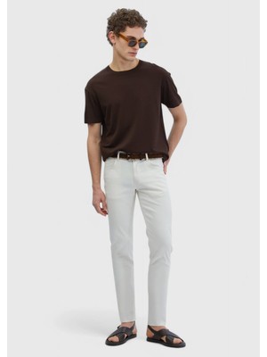 Ekru Düz Dokuma Slim Fit Casual Pamuk Karışımlı Pantolon