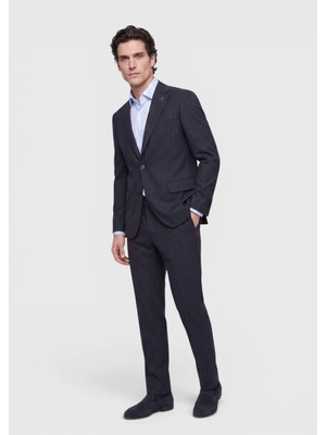 Lacivert Çizgili Zeroweight Slim Fit %100 Yün Takım Elbise