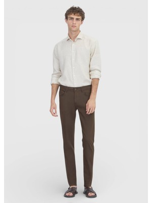 Kahverengi Düz Dokuma Slim Fit Casual Pamuk Karışımlı Pantolon