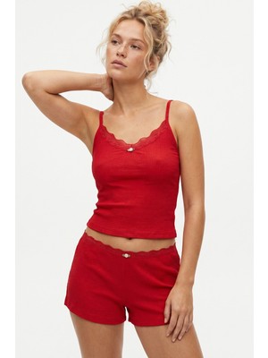 Siyah İnci Kırmızı Dantelli Bürümcük-Krınkıl Ip Askılı Şortlu Pijama Takım 8060