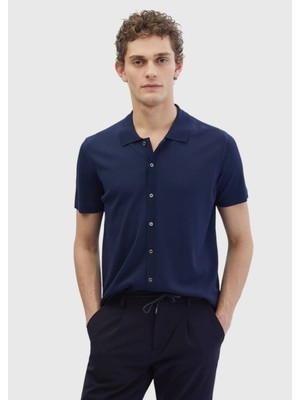 Lacivert Polo Yaka Düz Örgü Hırka