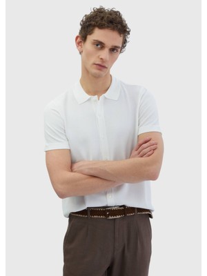 Ekru Polo Yaka Düz Örgü Hırka