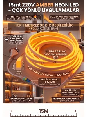 Econa 15 Metre Amber 220V Neon LED Şerit ,tak Çalıştır Set, Fişli Esnek Şerit Led, ,turuncu Led,mutfak,tezgah Ledi, Neon LED Şerit Işık ,ambiyans Işık Havuzu, Balkon, Teras ve Ev Için Dekoratif LED