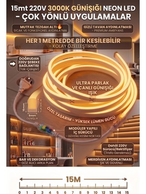 Econa 15 Metre GÜNIŞIĞI-3000K 220V Neon LED Şerit ,tak Çalıştır Set, Fişli Esnek Şerit Led, Led,mutfak,tezgah Ledi, Neon LED Şerit Işık ,ambiyans Işık Havuzu, Balkon, Teras ve Ev Için Dekoratif LED