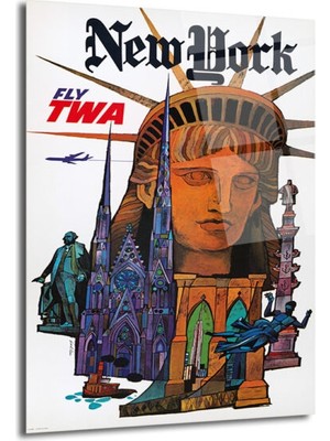 GLAZELLA New York Vintage Seyahat Posteri Temalı Cam Tablo