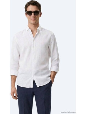 Kip Beyaz Düz Regular Fit Uzun Dokuma Casual Pamuk Karışımlı Gömlek