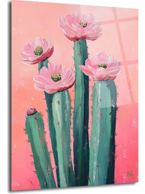 GLAZELLA Çiçek Açan Kaktüsler Cam Tablo - Pembe Enerjiyle Modern Sanat