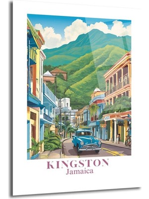 GLAZELLA Kingston Jamaika Vintage Sokak Manzarası Cam Tablo