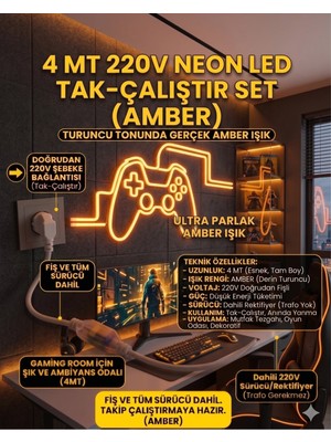 Econa 4 Metre Amber Neon Esnek Şerit LED 220V Tak Çalıştır Tezgah ve Mutfak Aydınlatması LED Şerit,ambiyans Aydınlatma