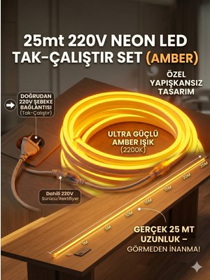Econa 25 Metre Amber 220V Neon LED Şerit ,tak Çalıştır Set, Fişli Esnek Şerit Led, ,turuncu Led,mutfak,tezgah Ledi, Neon LED Şerit Işık ,ambiyans Işık Havuzu, Balkon, Teras ve Ev Için Dekoratif LED