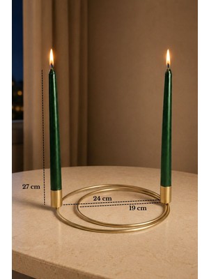 Edora Home Mat Gold 2'li Dekoratif Metal Halka Şamdan, 2 Adet Koyu Yeşil Mum Ince Uzun - Dekoratif Mumluk