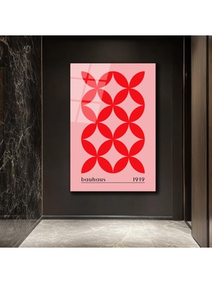 GLAZELLA Bauhaus 1919 Kırmızı Geometrik Pembe Cam Tablo