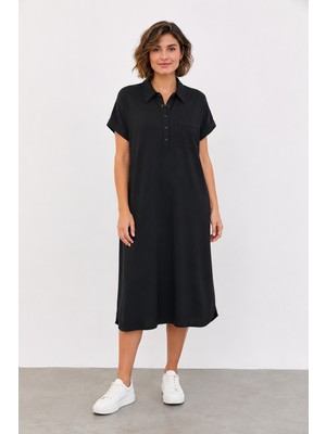 Bihan Store Düğmeli Yakalı Göğüs Cepli Kısa Kollu Midi Boy Shift Elbise Y26-30383-SIYAH