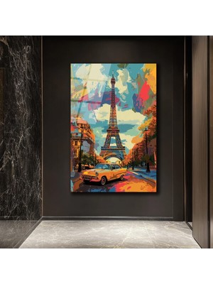 GLAZELLA Paris'te Bir Rüya: Eyfel ve Klasik Araç Temalı Modern Cam Tablo