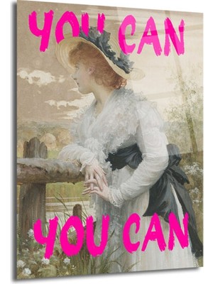 GLAZELLA "you Can" Motivasyonel Pembe Yazılı Klasik Kadın Portresi Cam Tablo