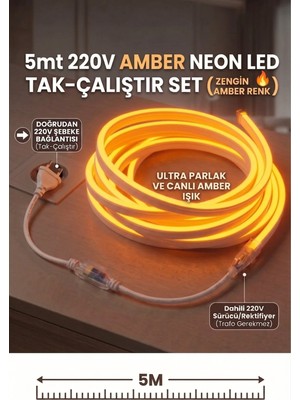 Econa 5 Metre Amber 220V Neon LED Şerit - Tak Çalıştır Set - Fişli Esnek Şerit Led,kerhribar ,turuncu Led,mutfak,tezgah Ledi
