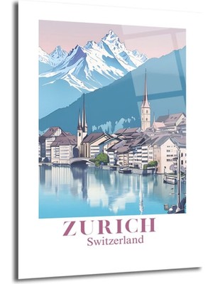GLAZELLA Zürih Isviçre Manzarası Cam Tablo - Alp Dağları ve Nehir Şehri