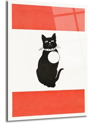 GLAZELLA Minimalist Kırmızı Çizgili Siyah Kedi Cam Tablo