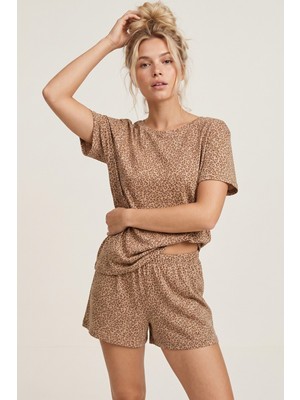 Siyah İnci Vizon Leopar Desenli Bisiklet Yaka Örme Şortlu Pijama Takım 8056