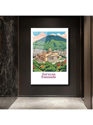 GLAZELLA Vintage Caracas Venezuela Şehir ve Dağ Manzarası Cam Tablo