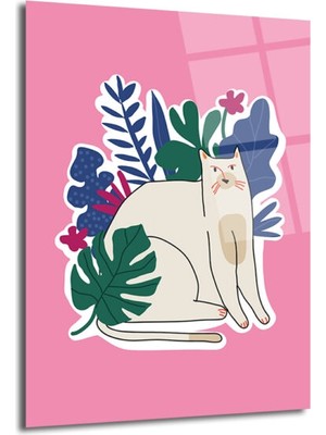 GLAZELLA Pembe Arka Planlı Bitkili Beyaz Kedi Cam Tablo