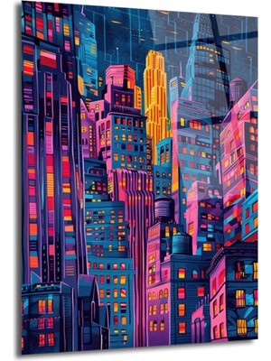 GLAZELLA Neon Şehir Işıkları Cam Tablo: Modern Metropolis Sanatı