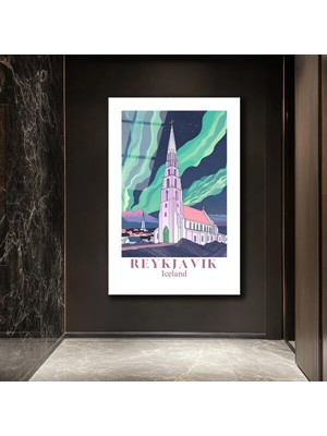 GLAZELLA Reykjavik Hallgrímskirkja Kuzey Işıkları Cam Tablo