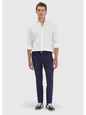 Lacivert Düz Dokuma Slim Fit Casual Keten Karışımlı Pantolon