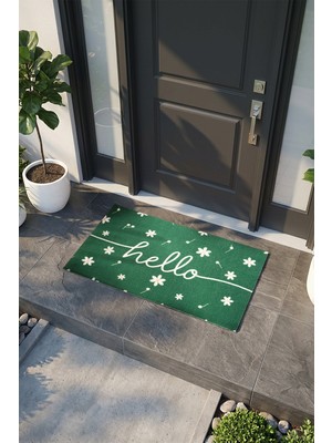 Vitali Home Charm Yeşil Beyaz Hello Paspas Dış Kapı Paspası Kıl Kapı Önü Paspası 2007