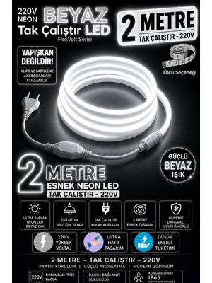 Econa 2 Metre Beyaz 220V Neon LED Şerit ,tak Çalıştır Set, Fişli Esnek Şerit Led, ,turuncu Led,mutfak,tezgah Ledi, Neon LED Şerit Işık ,ambiyans Işık Havuzu, Balkon, Teras ve Ev Için Dekoratif LED